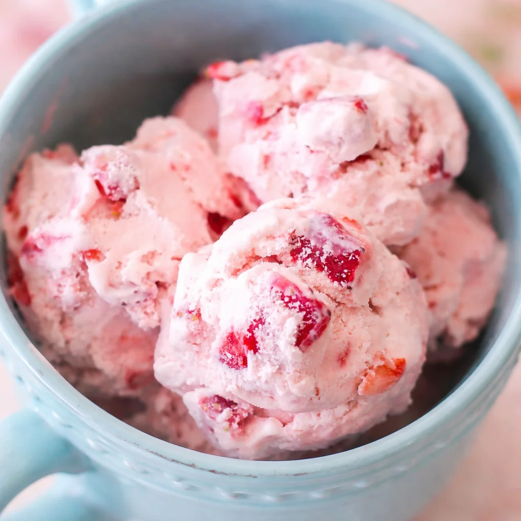 Delicious homemade strawberry ice cream made with fresh strawberries and cream.