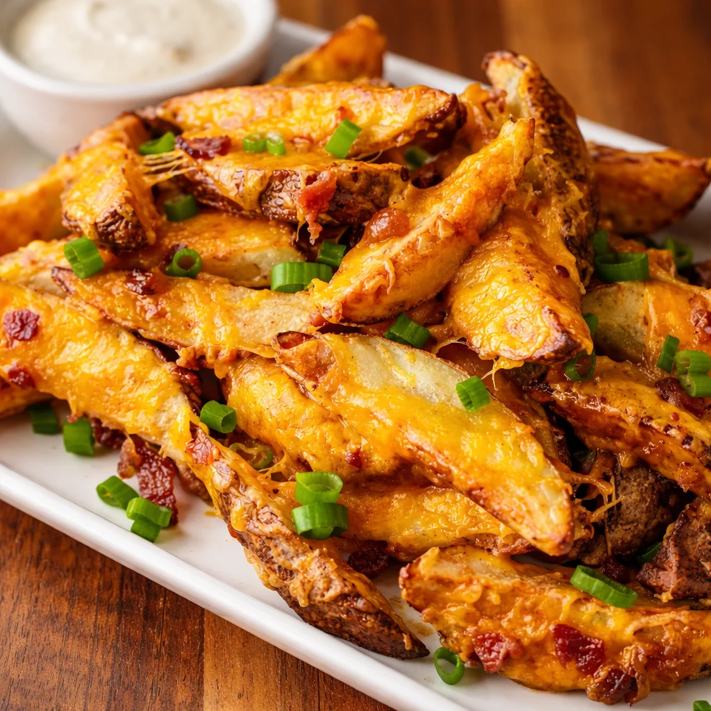 Delicious air fryer cheesy potato wedges served on a plate, crispy and golden brown.