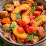 Fresh Peach Panzanella Salad with juicy peaches, tomatoes, and crusty bread