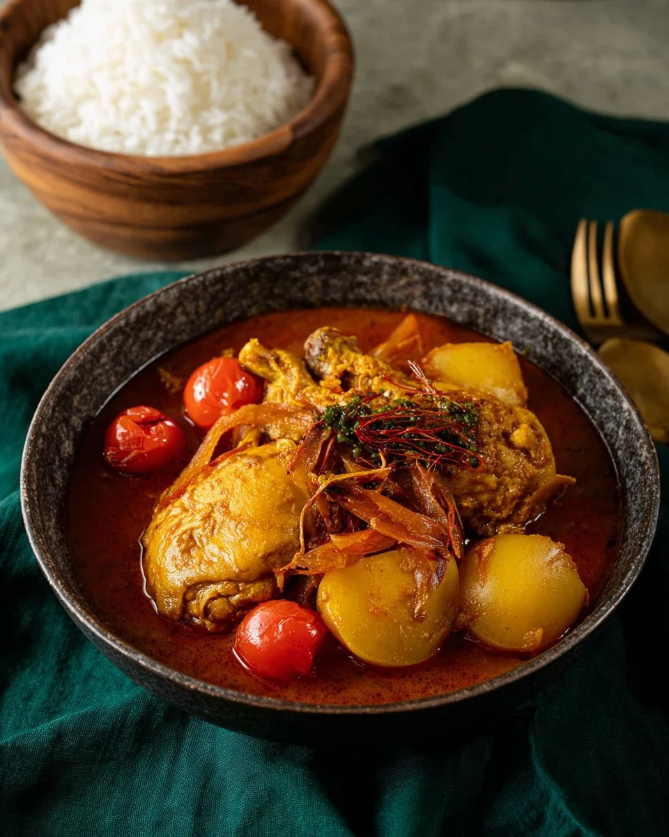 Authentic Thai yellow curry with chicken and potatoes served in a bowl