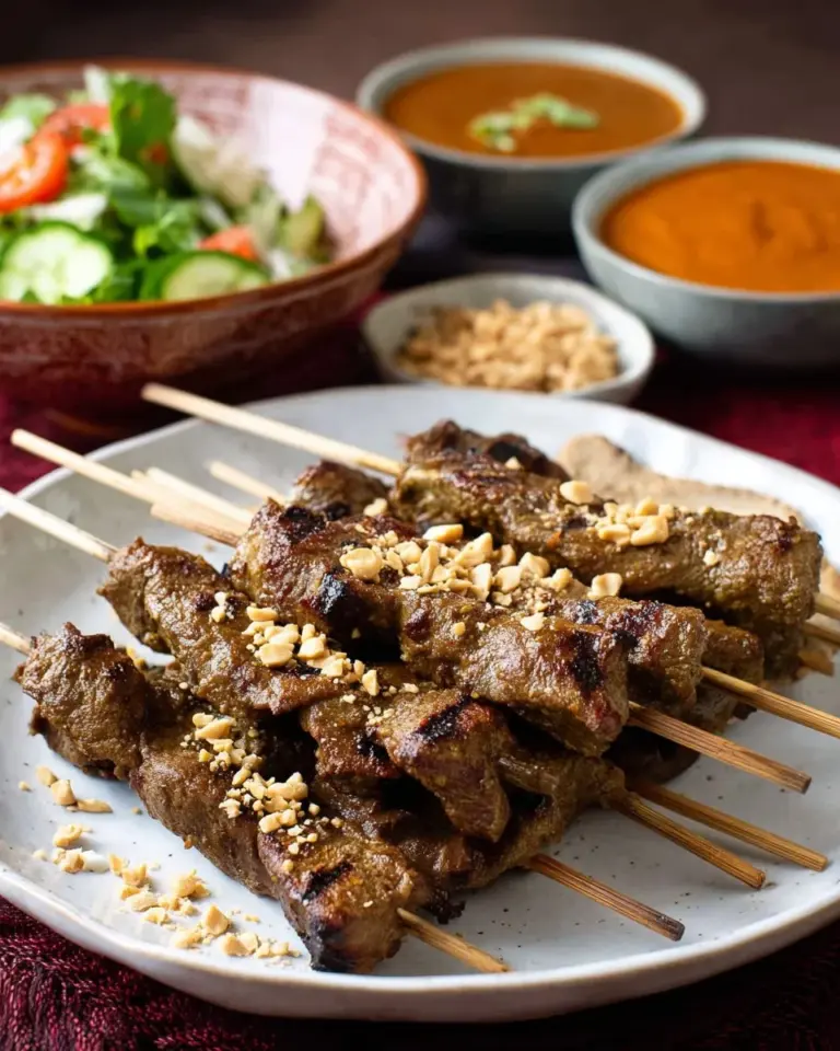 Beef satay skewers with Thai peanut sauce served on a plate.