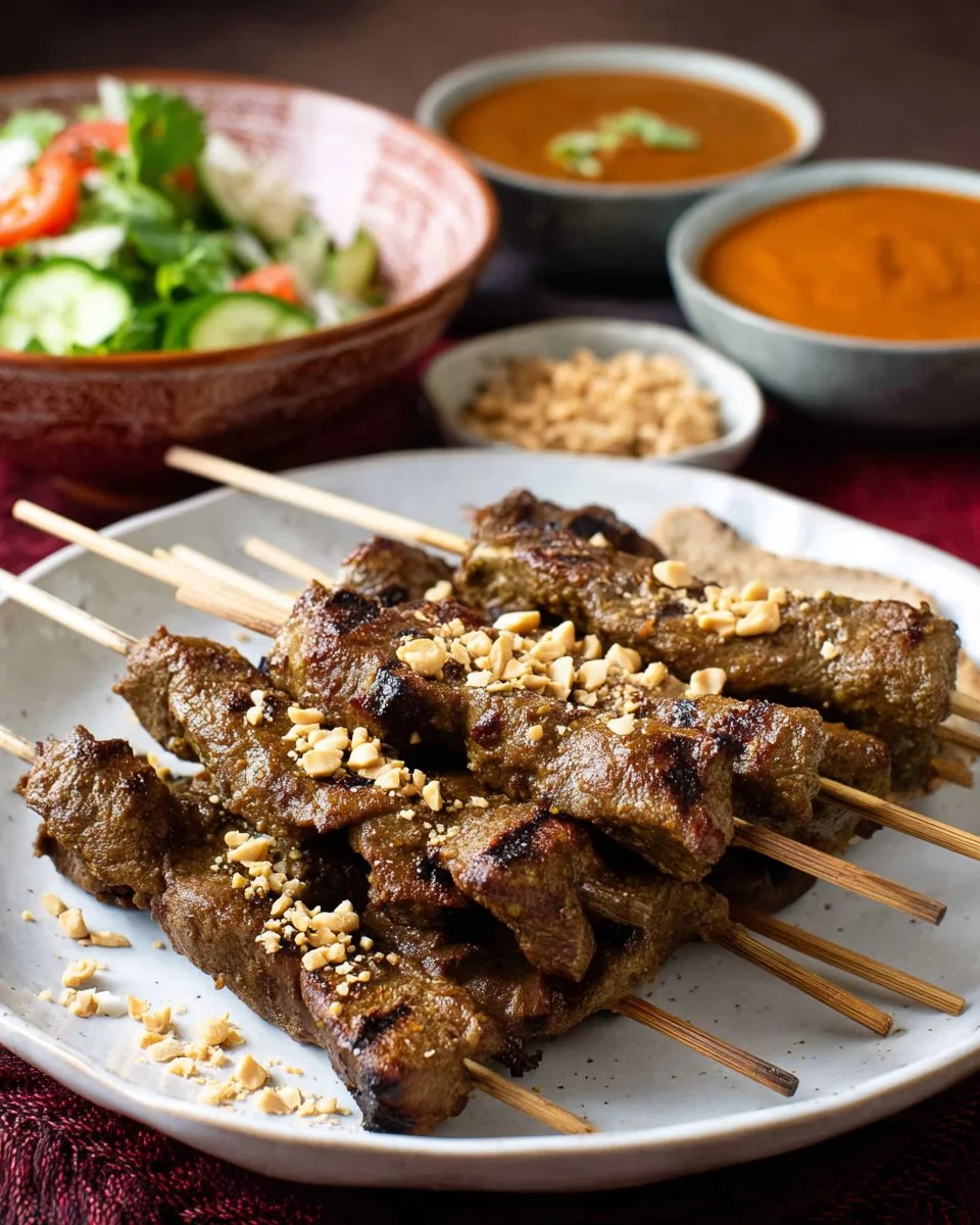 Beef satay skewers with Thai peanut sauce served on a plate.