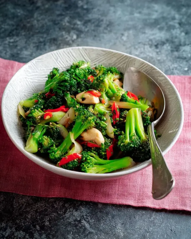 Broccoli stir fry with salted mackerel in a colorful bowl