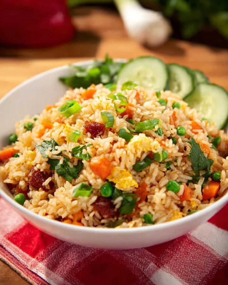 Delicious Chinese sausage fried rice served in a bowl with vegetables