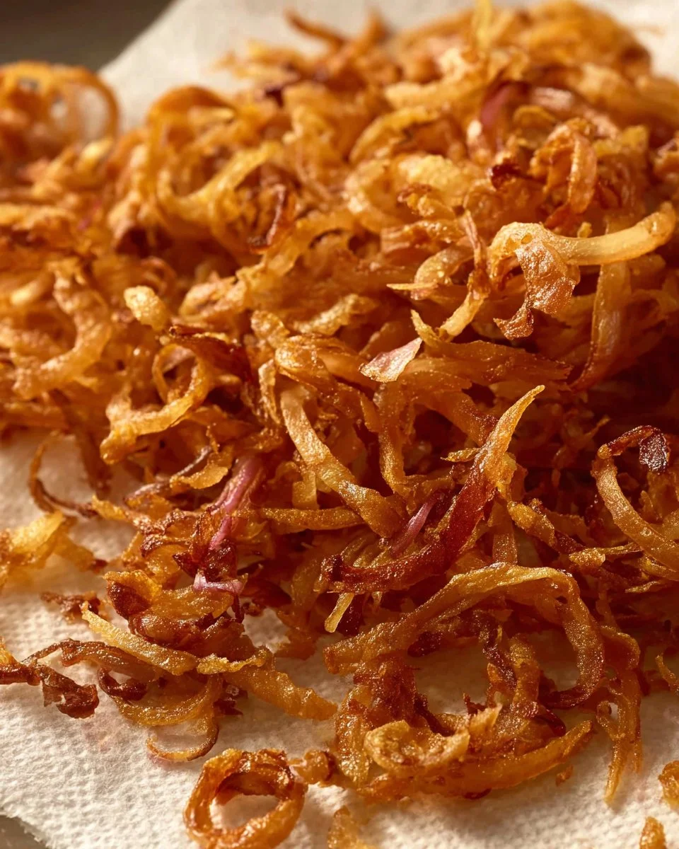 Bowl of crispy fried shallots for garnishing dishes and enhancing flavors.
