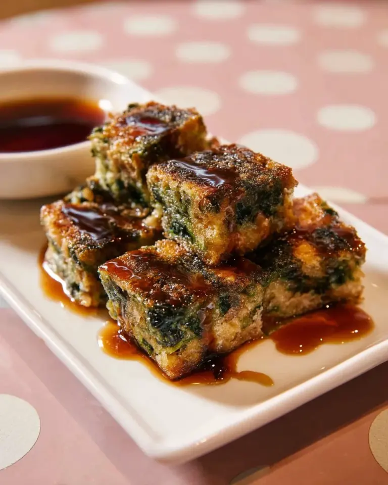 A plate of crispy garlic chive dumplings garnished with dipping sauce.