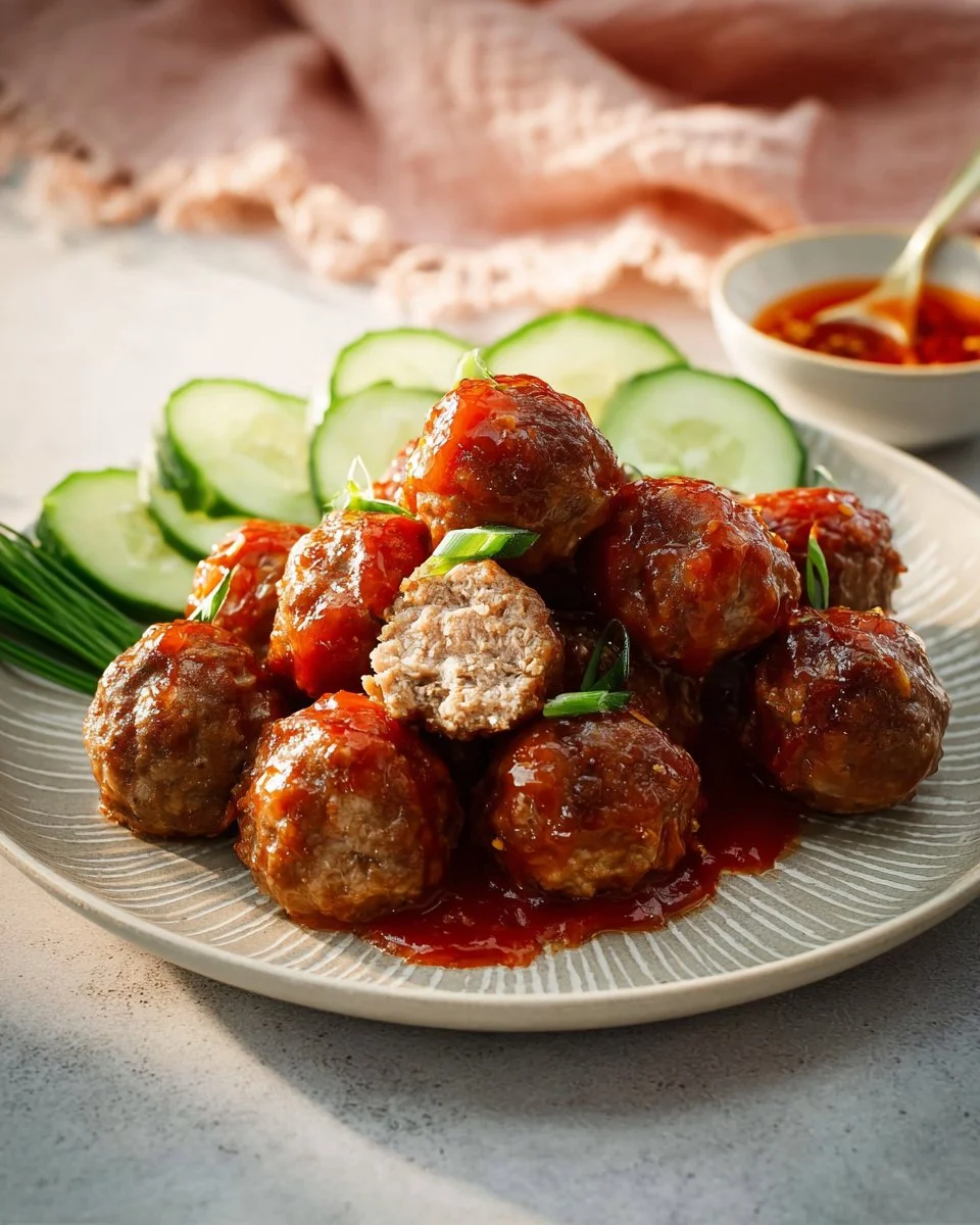 Crispy meatballs with glass noodles and sweet chili sauce on a plate.