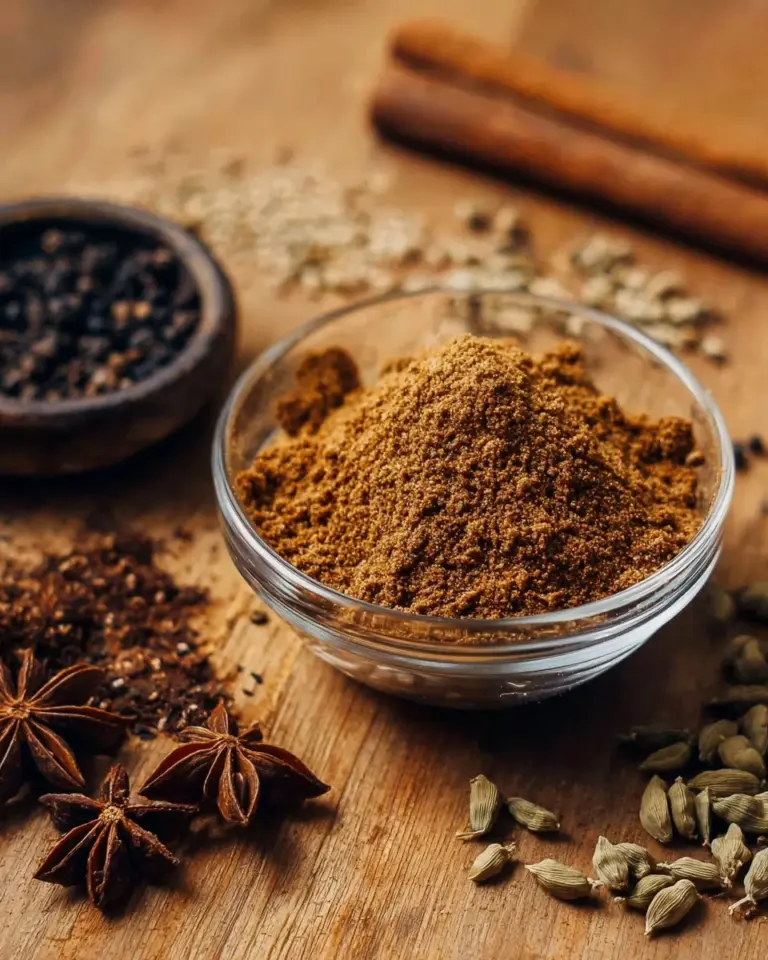 Bowl of homemade Five Spice Powder with ingredients in the background