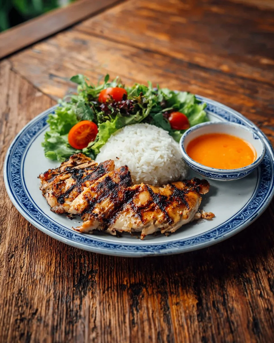 Delicious grilled lemongrass chicken served with Vietnamese dipping sauce.
