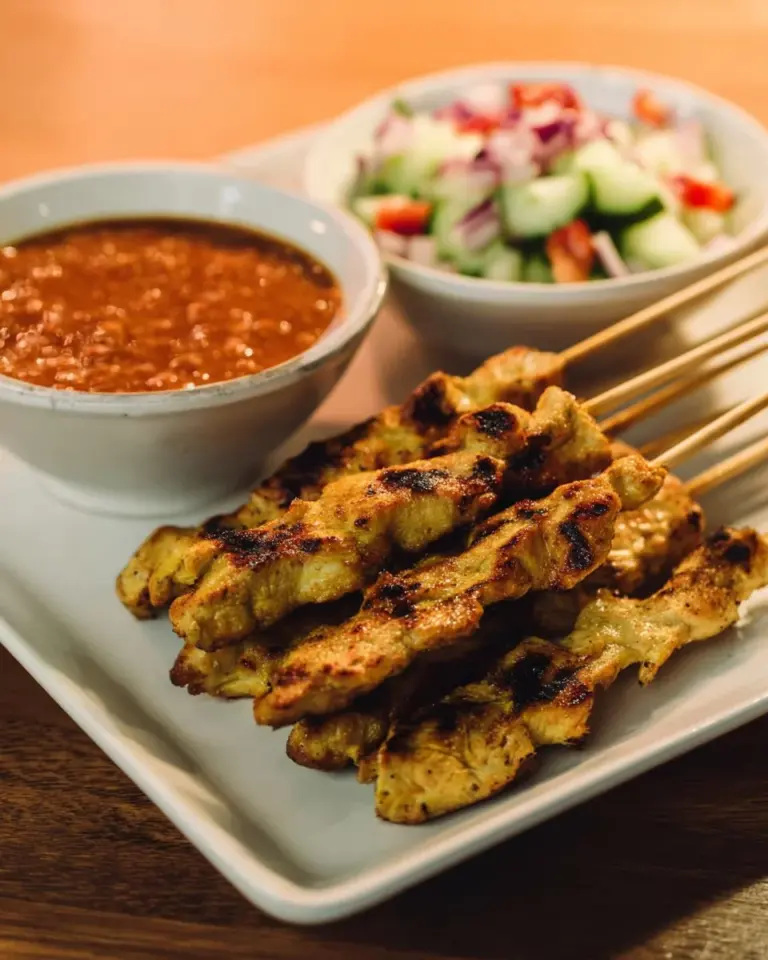 Grilled pork satay served with rich peanut sauce on a plate