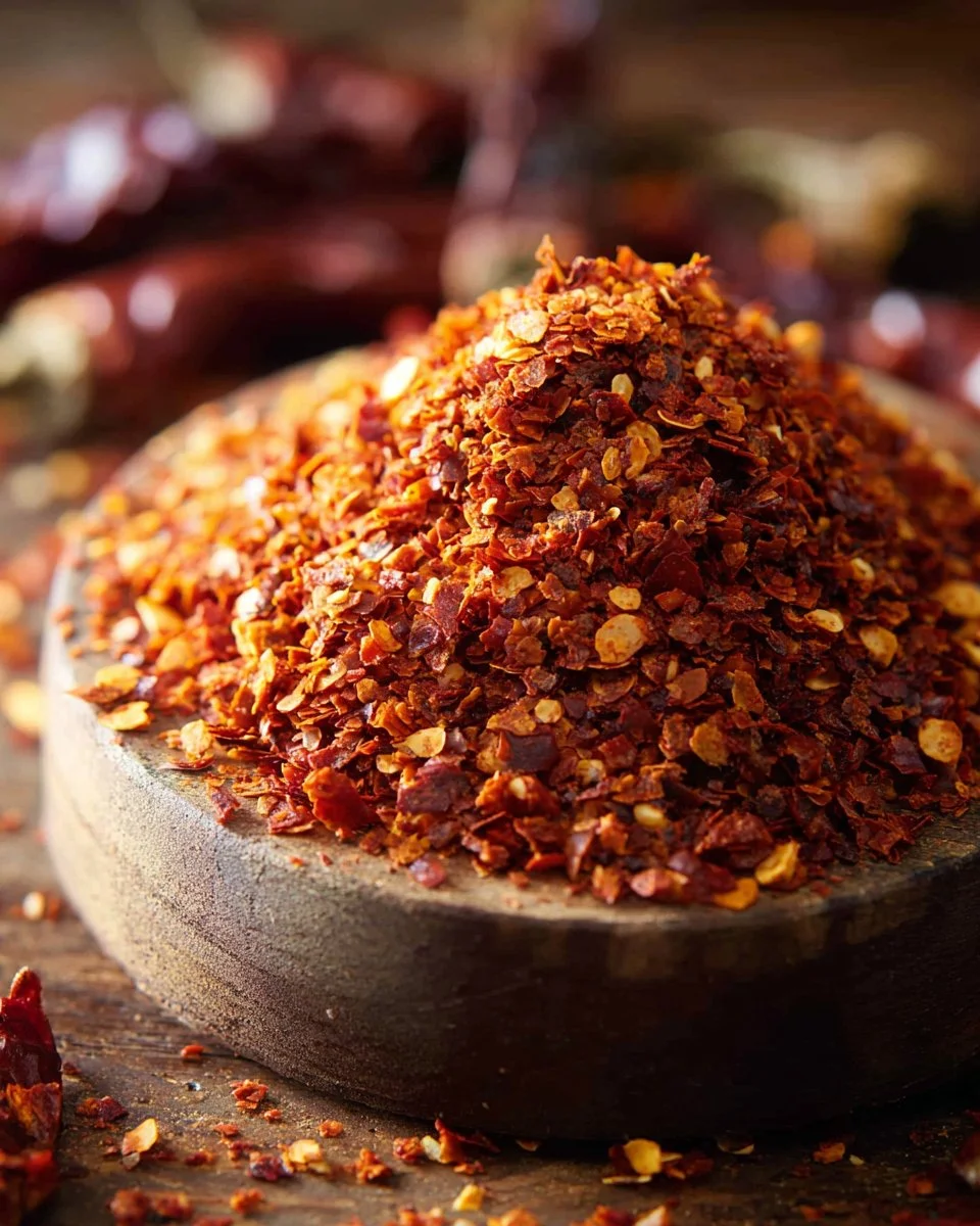 Homemade chili flakes in a glass jar for seasoning dishes