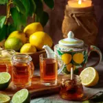 Cup of honey lemon tea with fresh lemon slices and honey drizzled on top