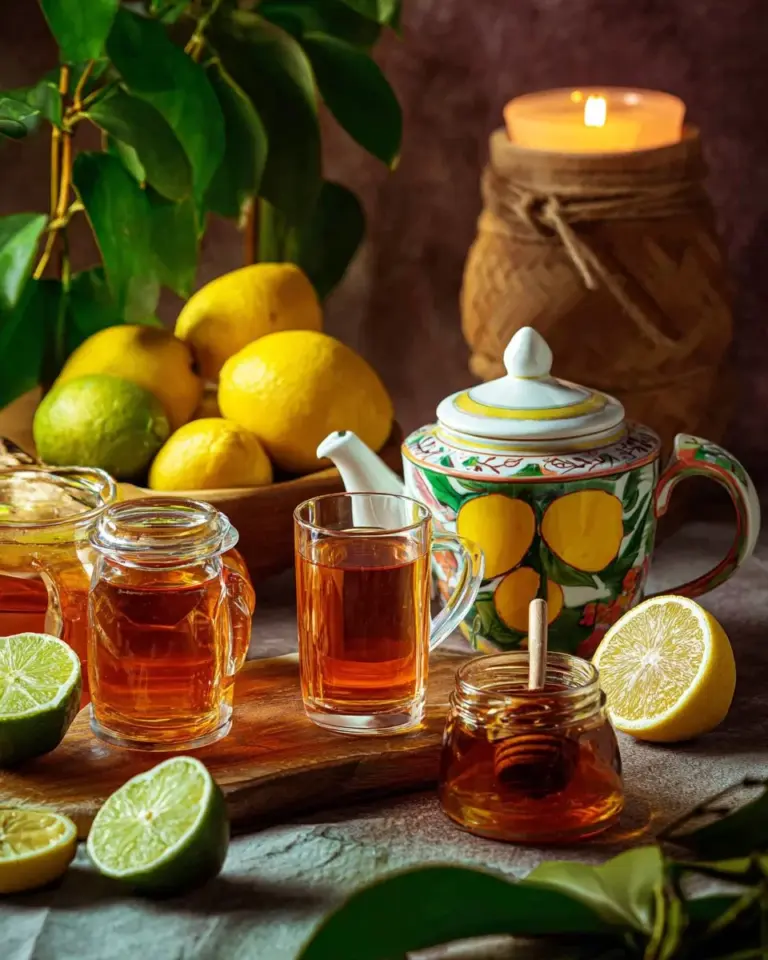 Cup of honey lemon tea with fresh lemon slices and honey drizzled on top