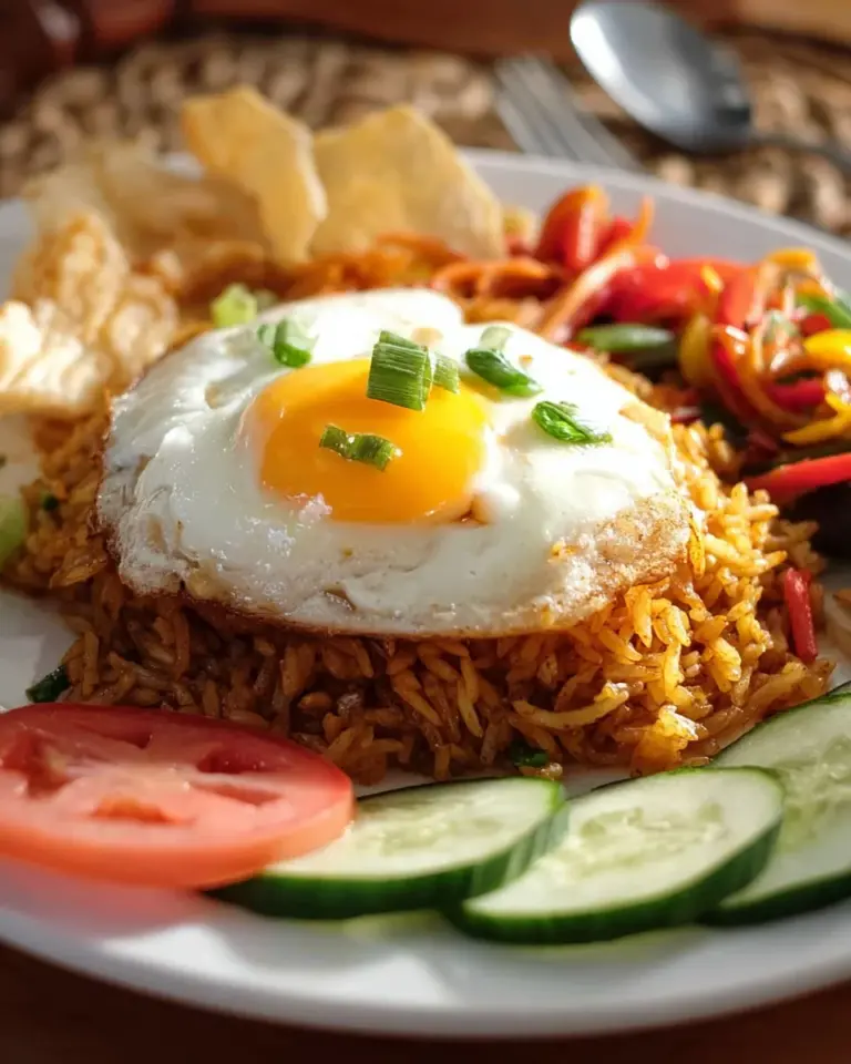 A colorful serving of Indonesian Fried Rice topped with vegetables and fried eggs.