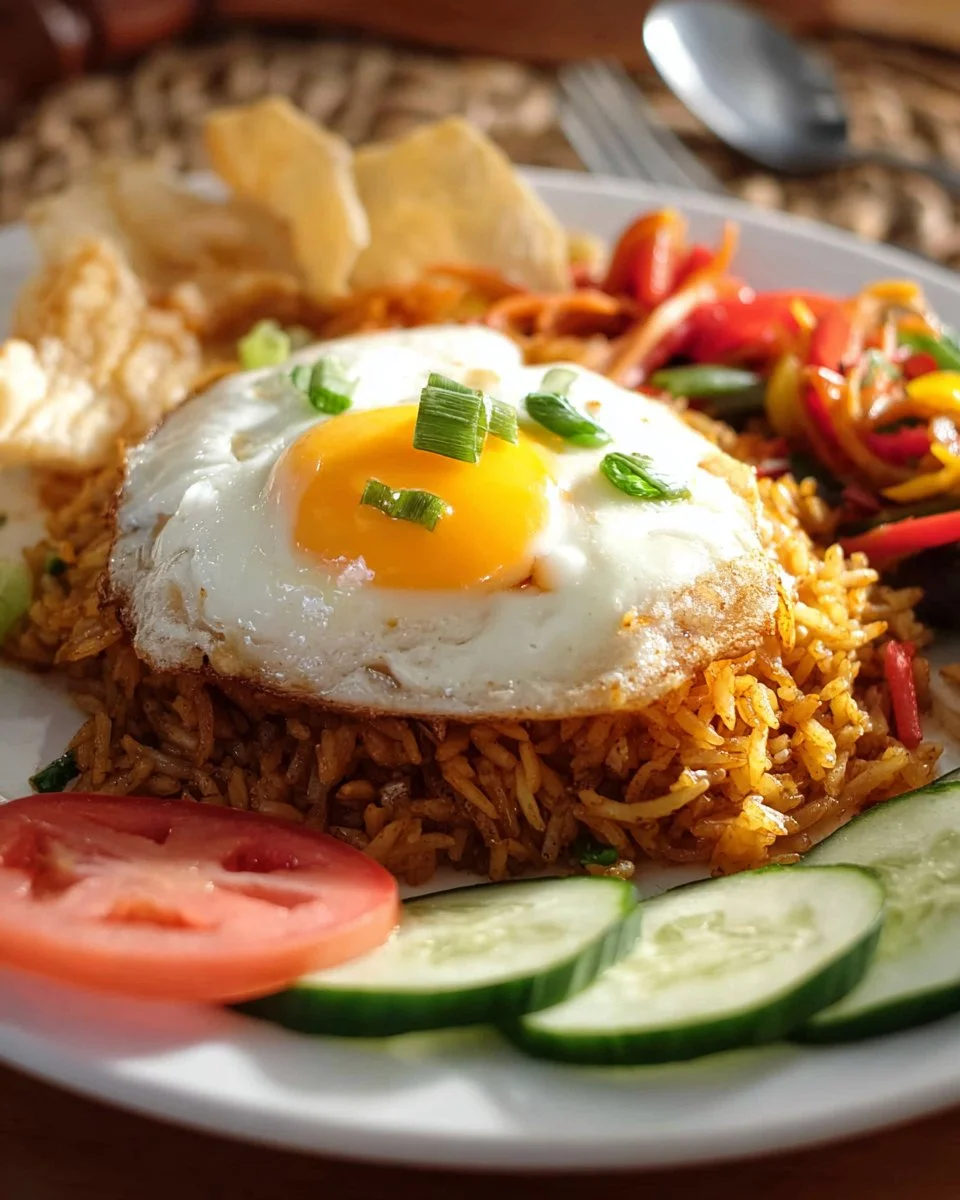 A colorful serving of Indonesian Fried Rice topped with vegetables and fried eggs.