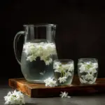 A glass of jasmine-infused water garnished with jasmine flowers