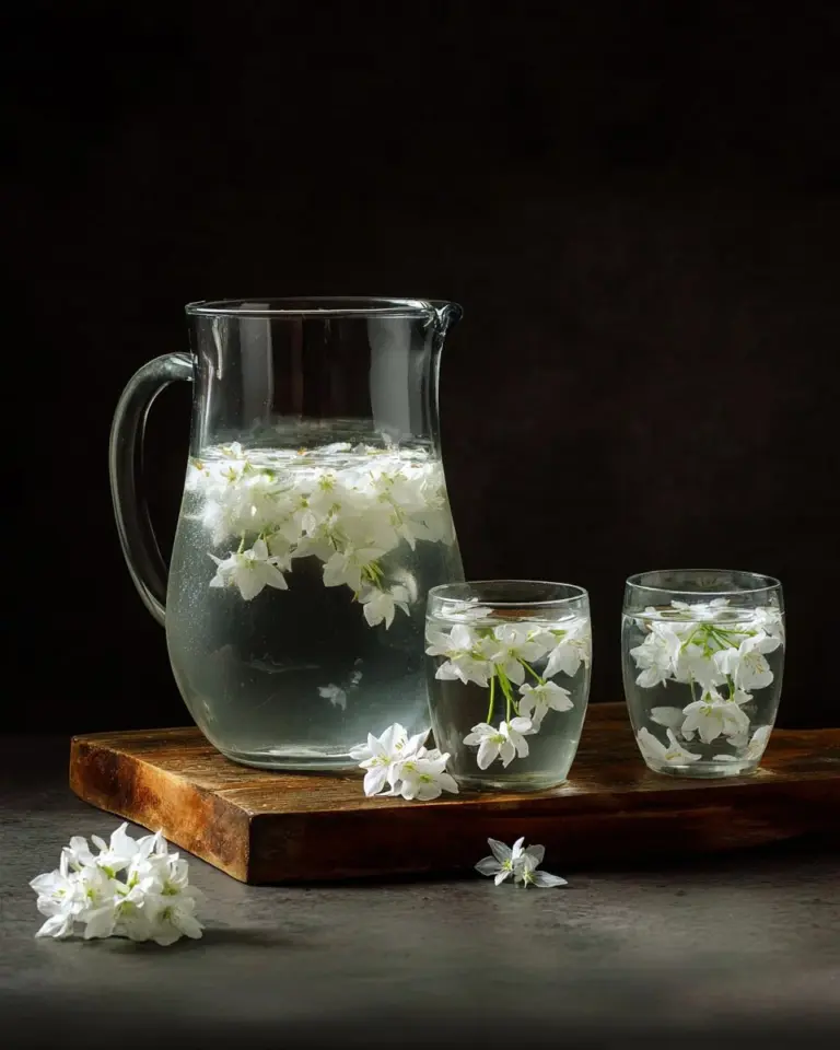 A glass of jasmine-infused water garnished with jasmine flowers