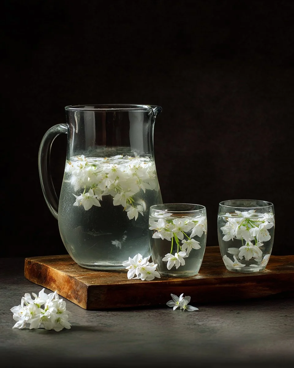 A glass of jasmine-infused water garnished with jasmine flowers