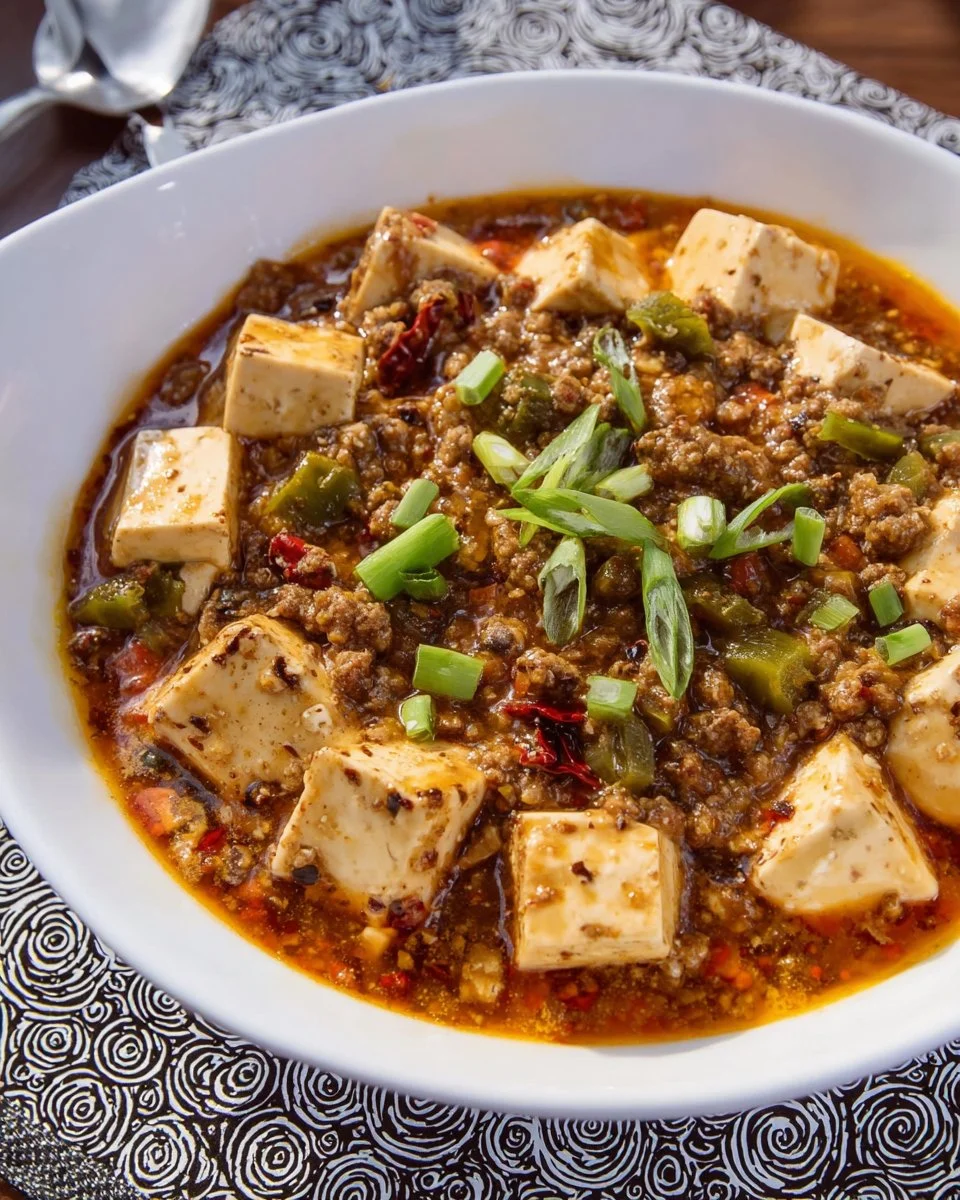 Delicious Mapo Tofu served with ground meat and spices
