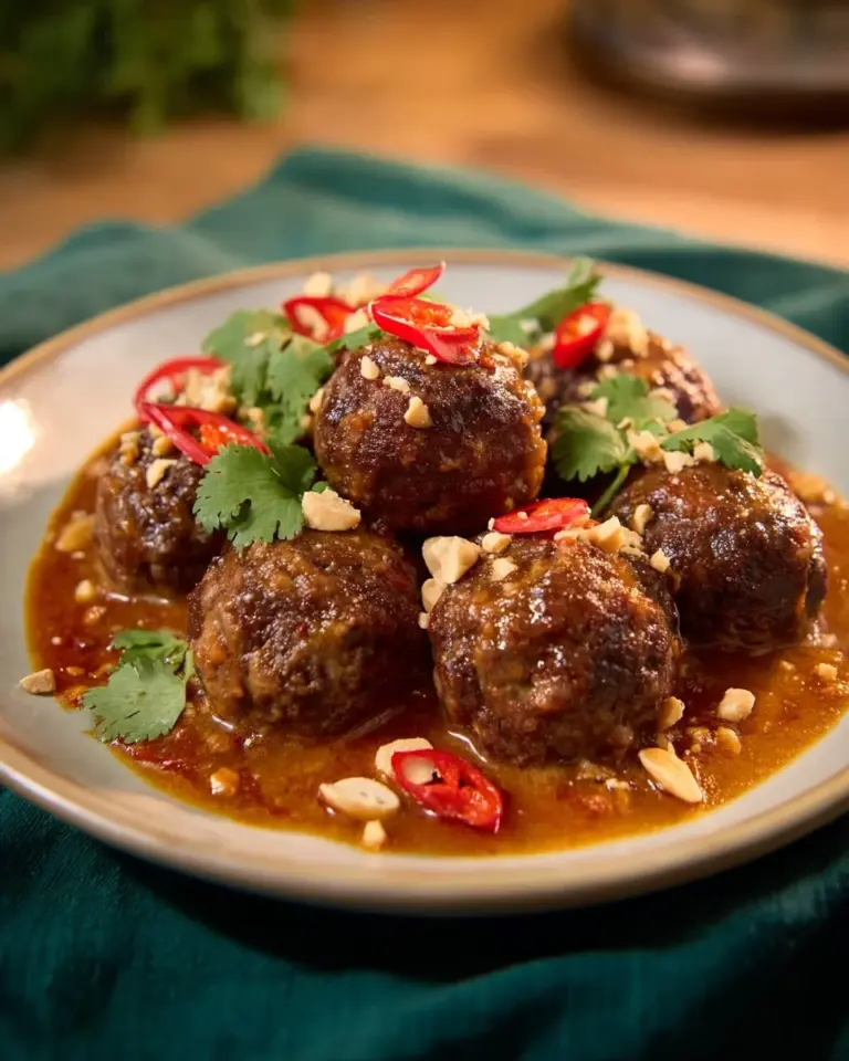 Delicious Massaman Curry Meatballs served with rice and fresh herbs.