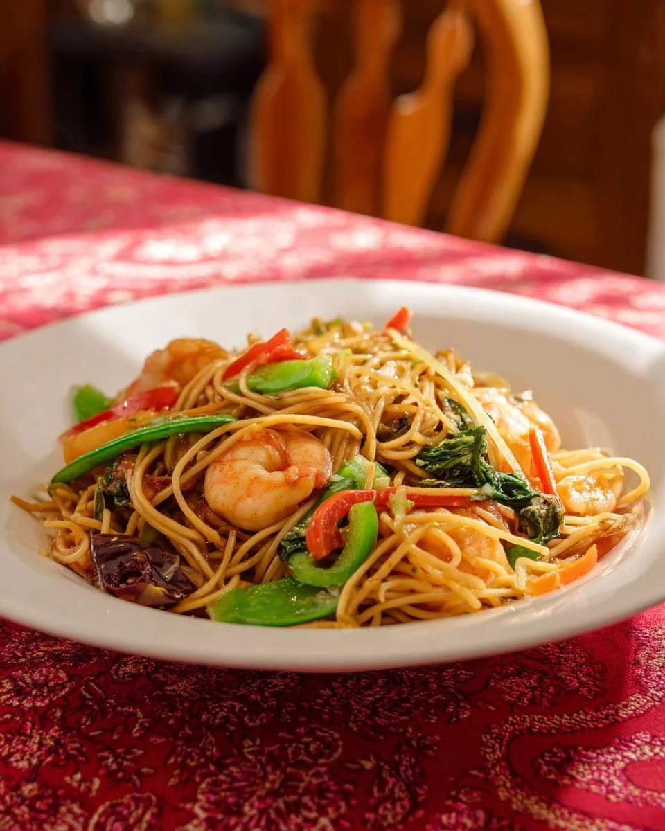 Pancit Canton Filipino egg noodle stir fry served with vegetables and meat