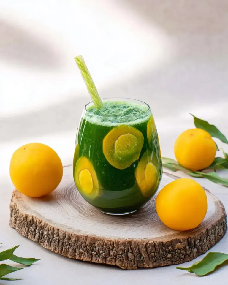 Plum Mango Kale Smoothie in a glass with fresh ingredients around
