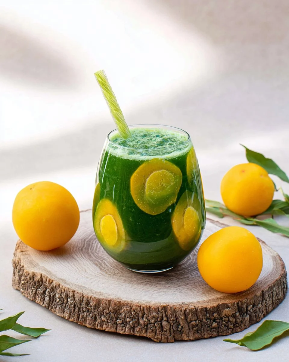 Plum Mango Kale Smoothie in a glass with fresh ingredients around