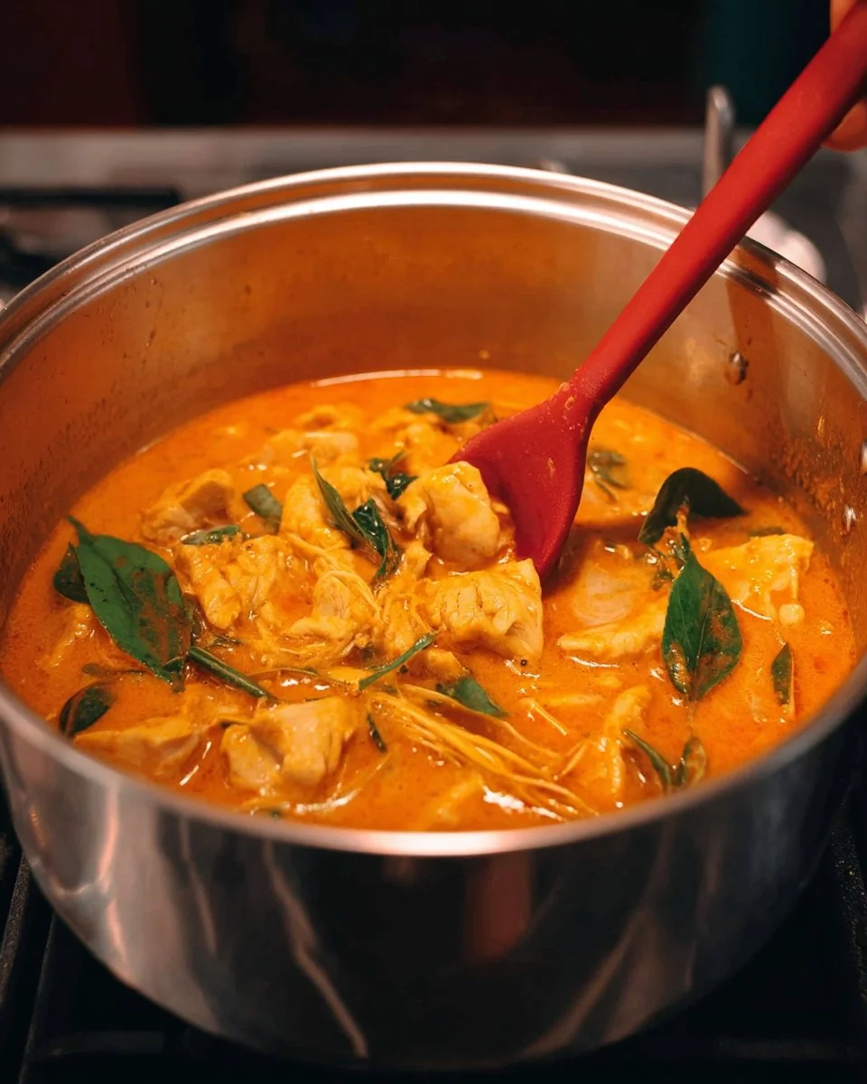Bowl of quick and easy Thai red chicken curry with colorful ingredients