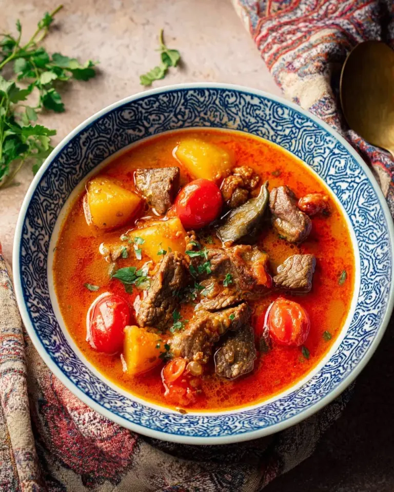 Bowl of quick Thai yellow curry with beef and potatoes garnished with fresh herbs