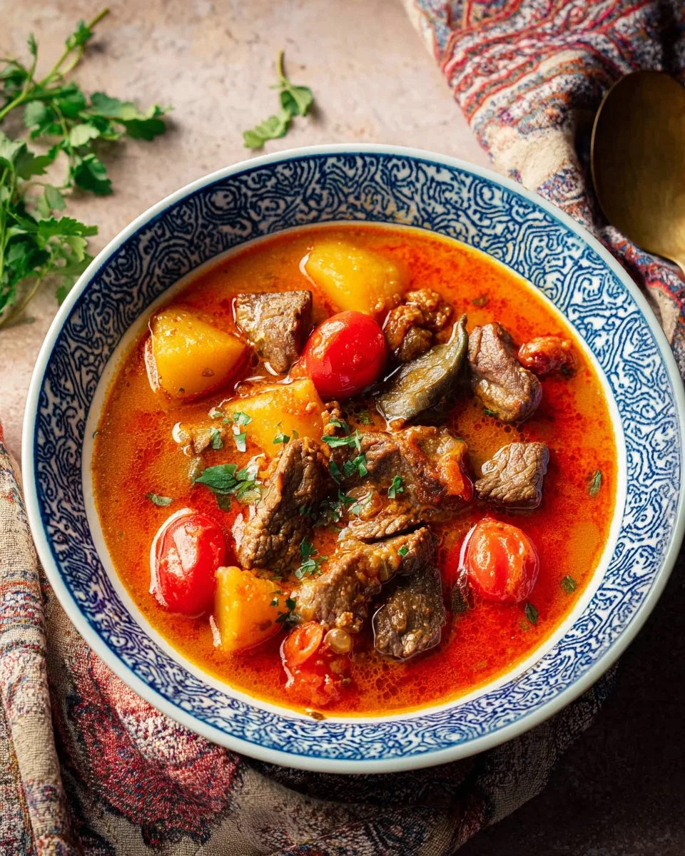 Bowl of quick Thai yellow curry with beef and potatoes garnished with fresh herbs