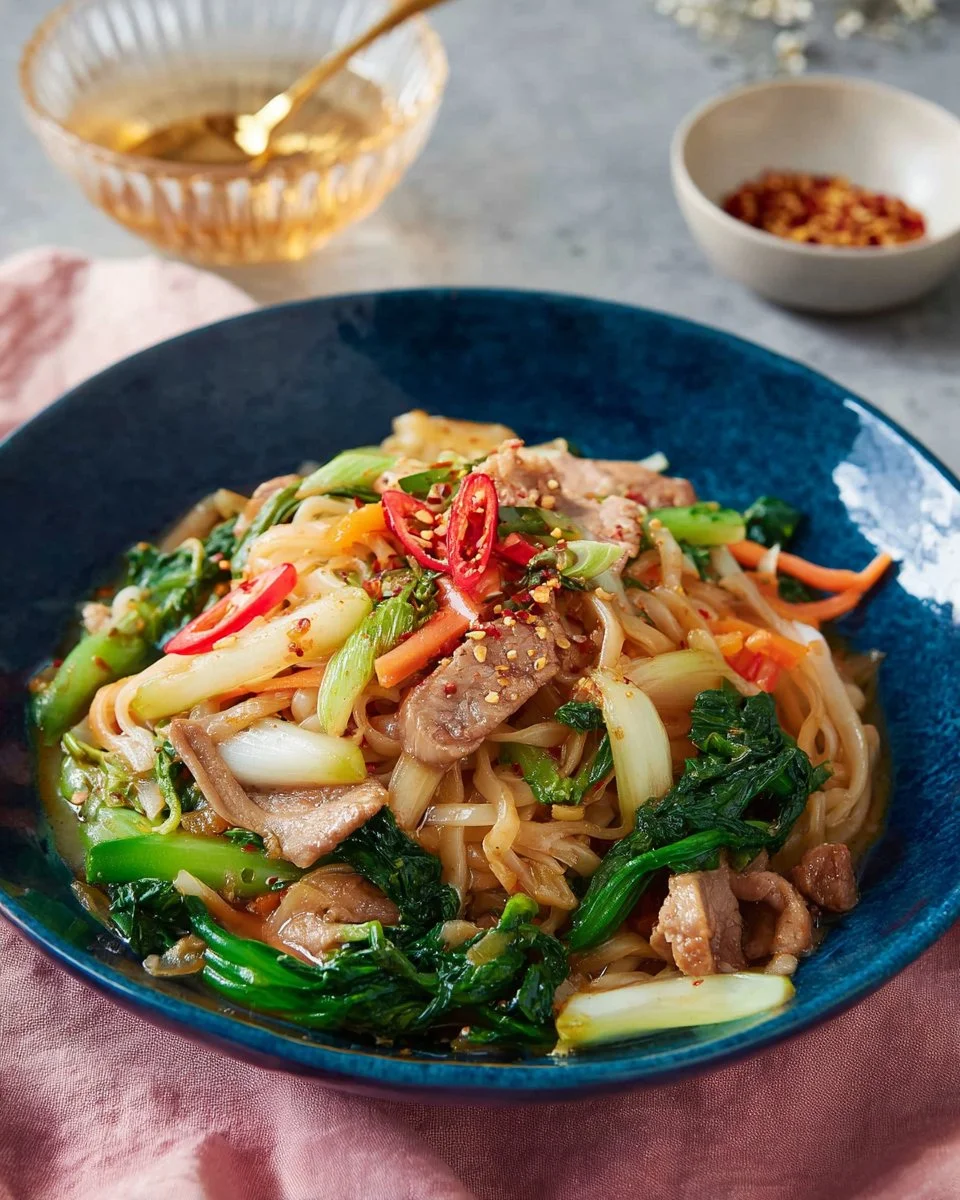 Delicious stir-fried fresh rice noodles topped with rich pork gravy.