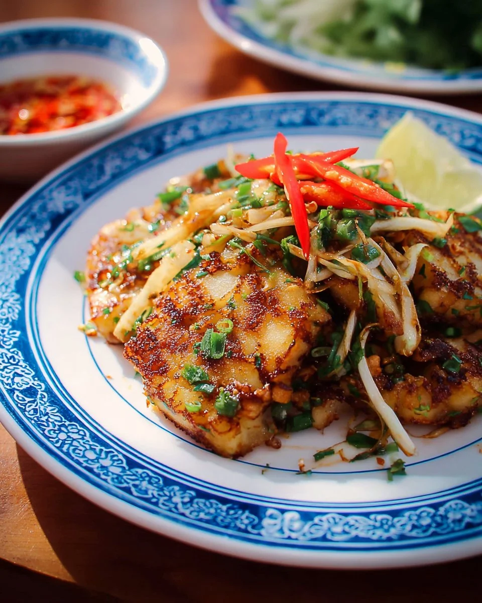 Stir Fried Turnip Cake served with herbs and spices in Thai style