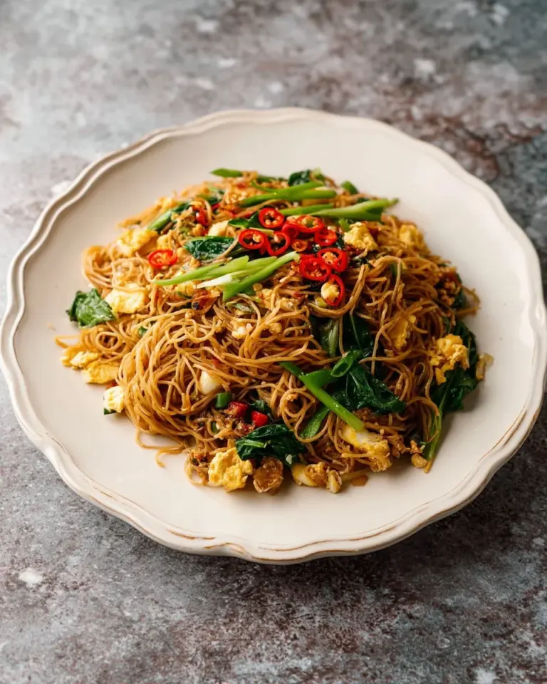Plate of stir-fried wide noodles with rice vermicelli and assorted vegetables