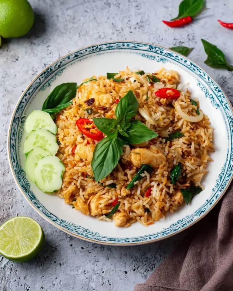 Plate of Thai Basil Chicken Fried Rice garnished with fresh herbs