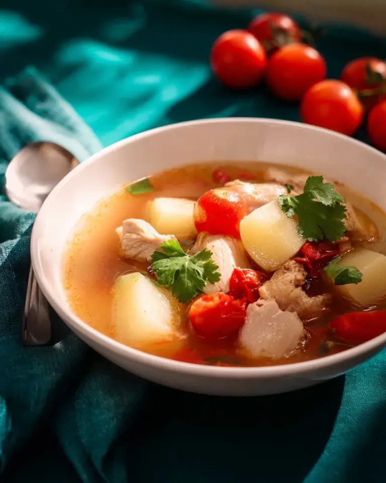 Bowl of Thai Chicken Potato Soup garnished with fresh herbs and lime.