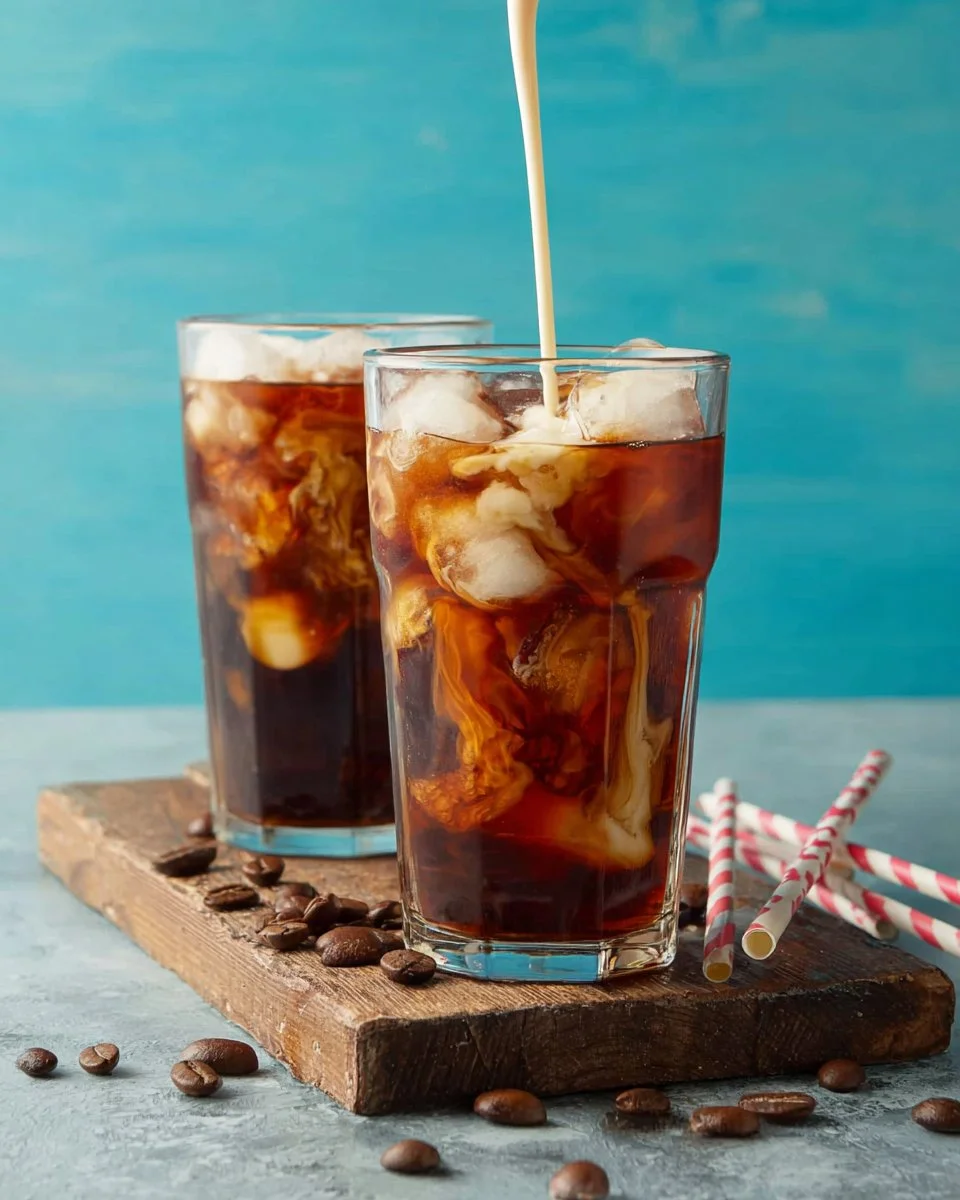 A glass of Thai iced coffee with ice, topped with whipped cream and coffee beans.