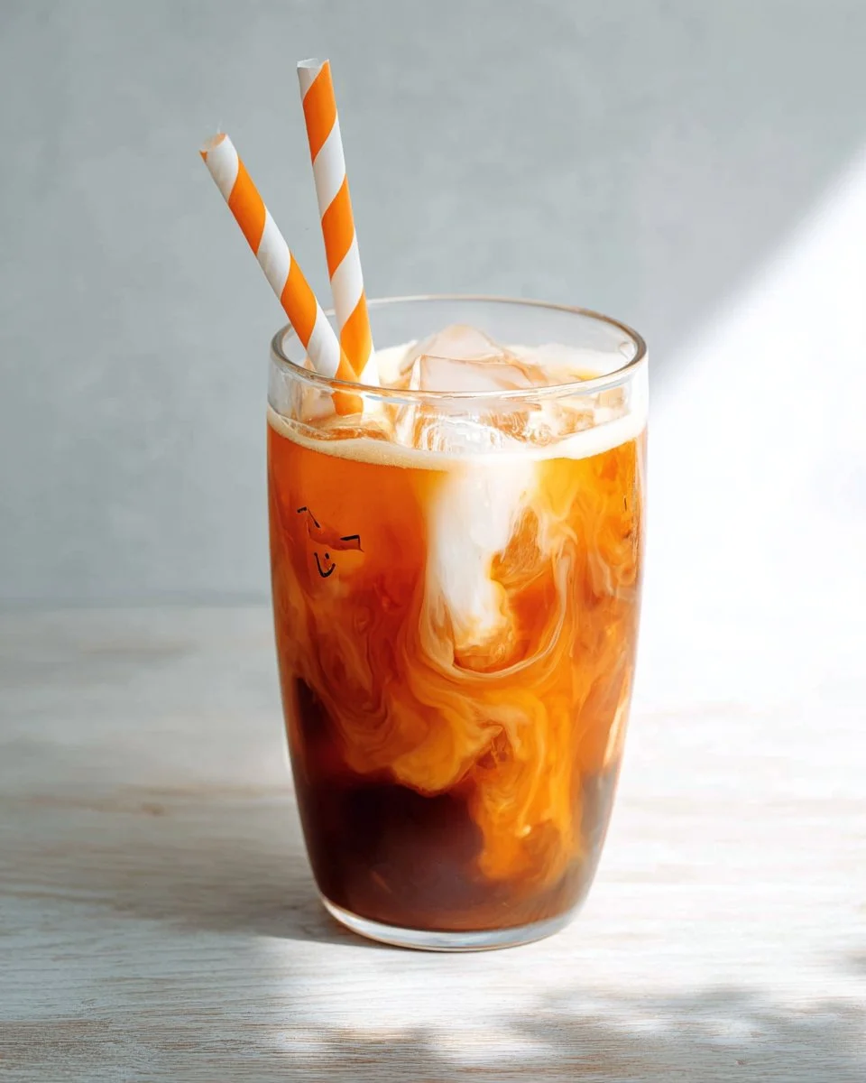 Glass of refreshing Thai Iced Tea with a creamy layer and vibrant orange color