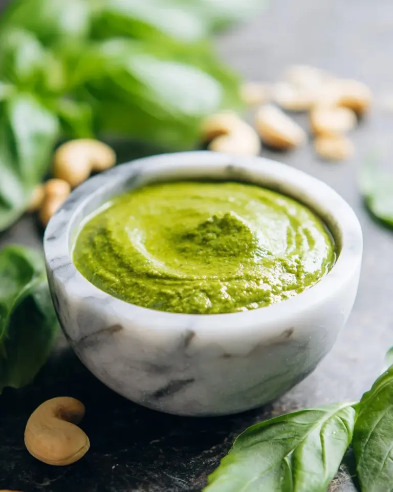 Bowl of Thai Red Curry Cashew Pesto with fresh ingredients