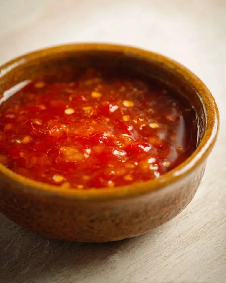 Bottle of Thai Sweet Chili Sauce with peppers and herbs
