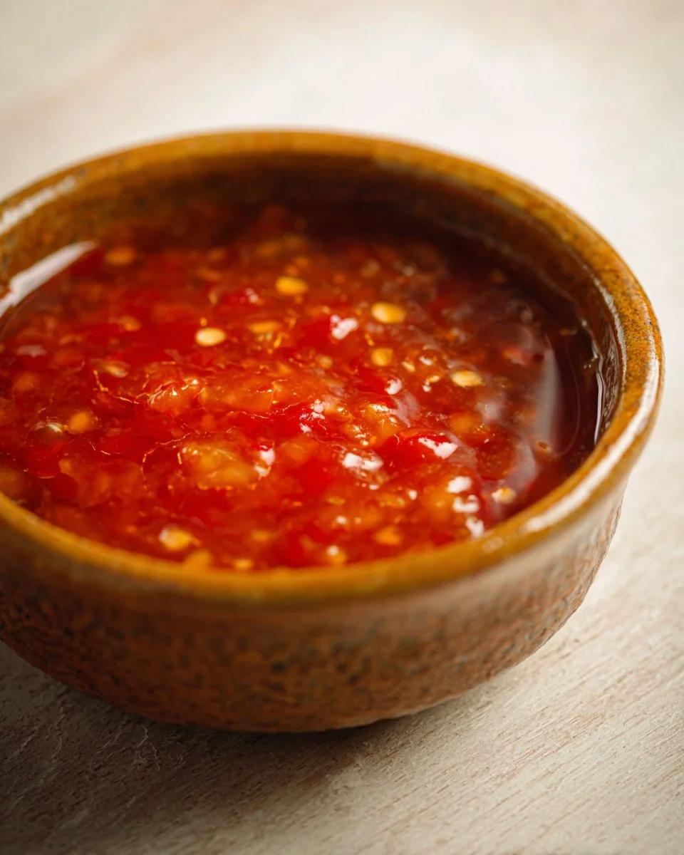 Bottle of Thai Sweet Chili Sauce with peppers and herbs