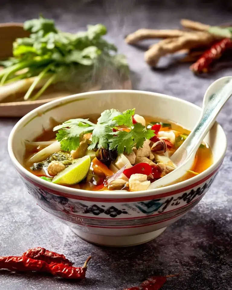 Spicy Tom Yum Soup with Chicken Wings garnished with fresh herbs and lime