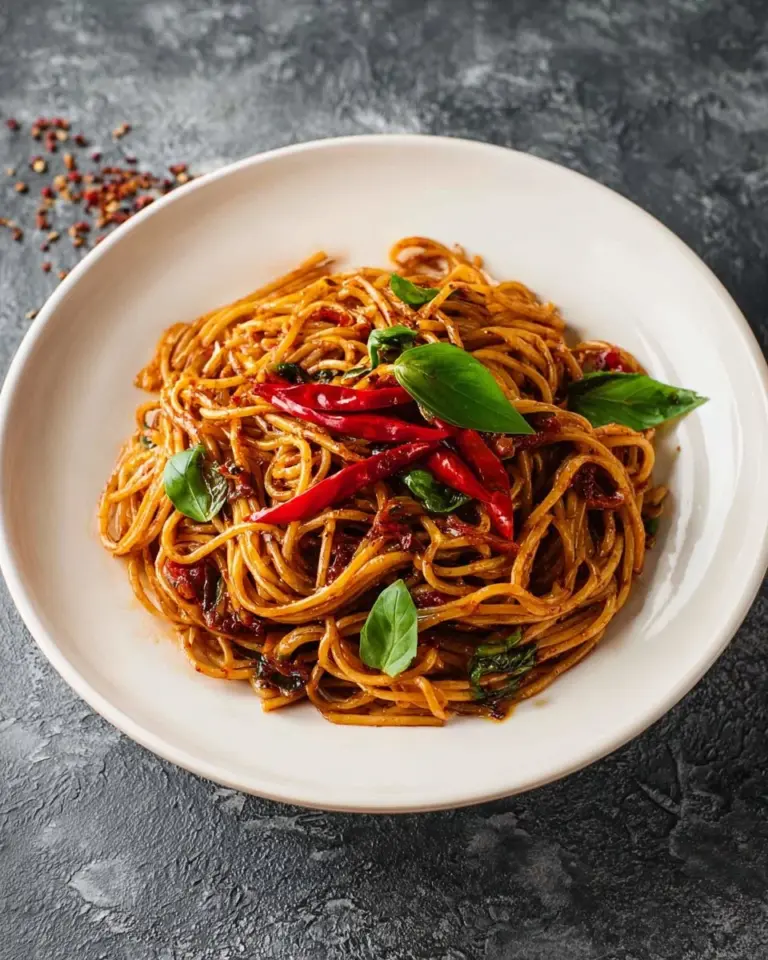 Delicious Umami Chili Garlic Noodles topped with fresh veggies and herbs