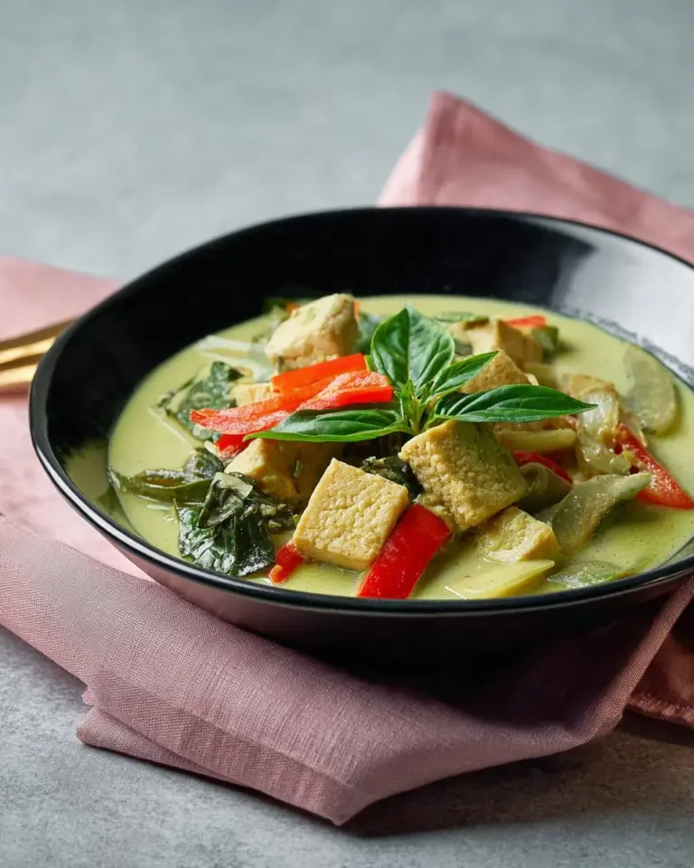 Bowl of Vegan Thai Green Curry with fresh vegetables and herbs