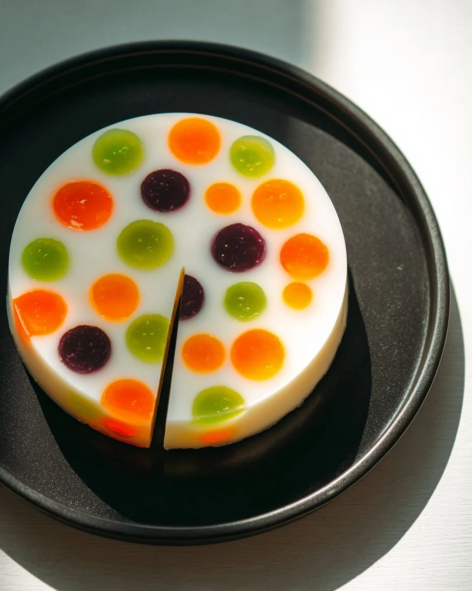 Colorful Yogurt Rainbow Polka Dot Jello dessert served in a glass dish.