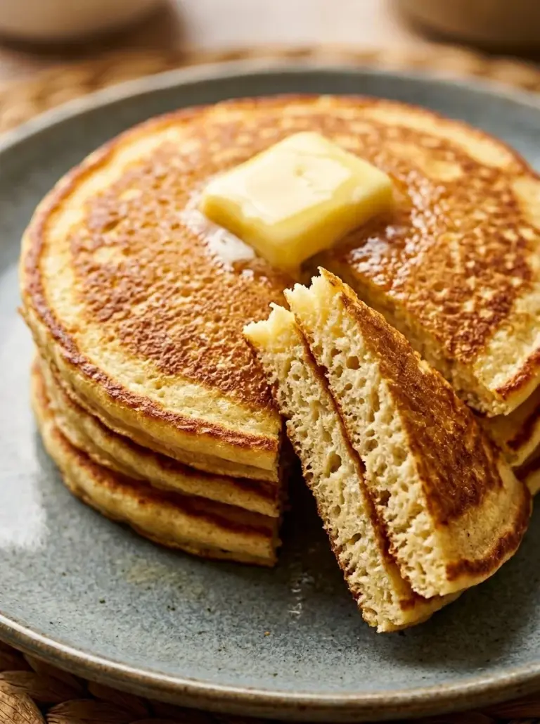 Fluffy flourless cottage cheese pancakes served with fresh berries.