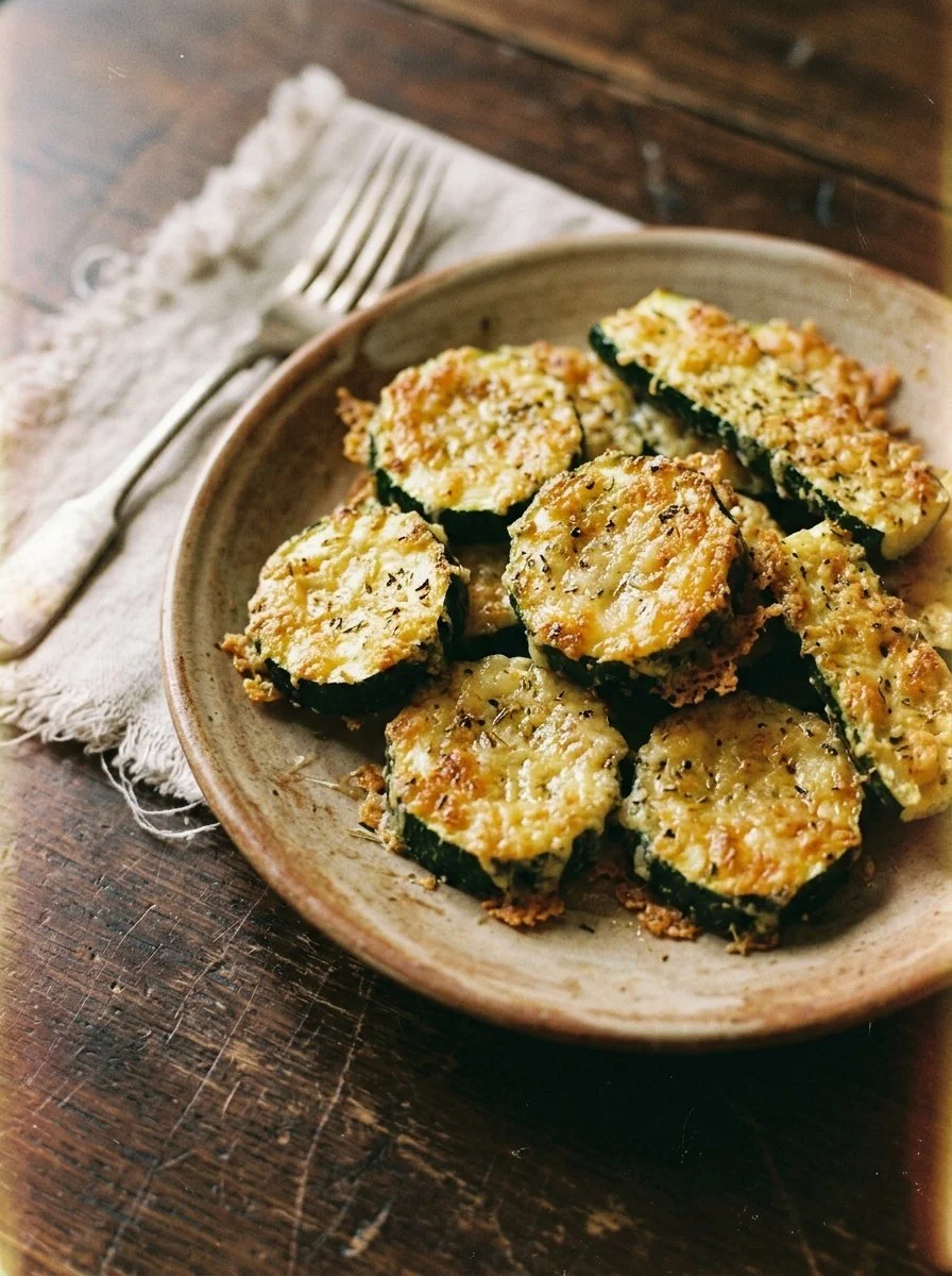 Baked Parmesan Zucchini pieces topped with cheese and herbs
