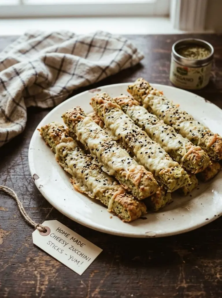 Cheesy zucchini breadsticks served on a plate, garnished with herbs