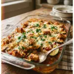 Delicious Chicken Zucchini Bake served hot with melted cheese on top.