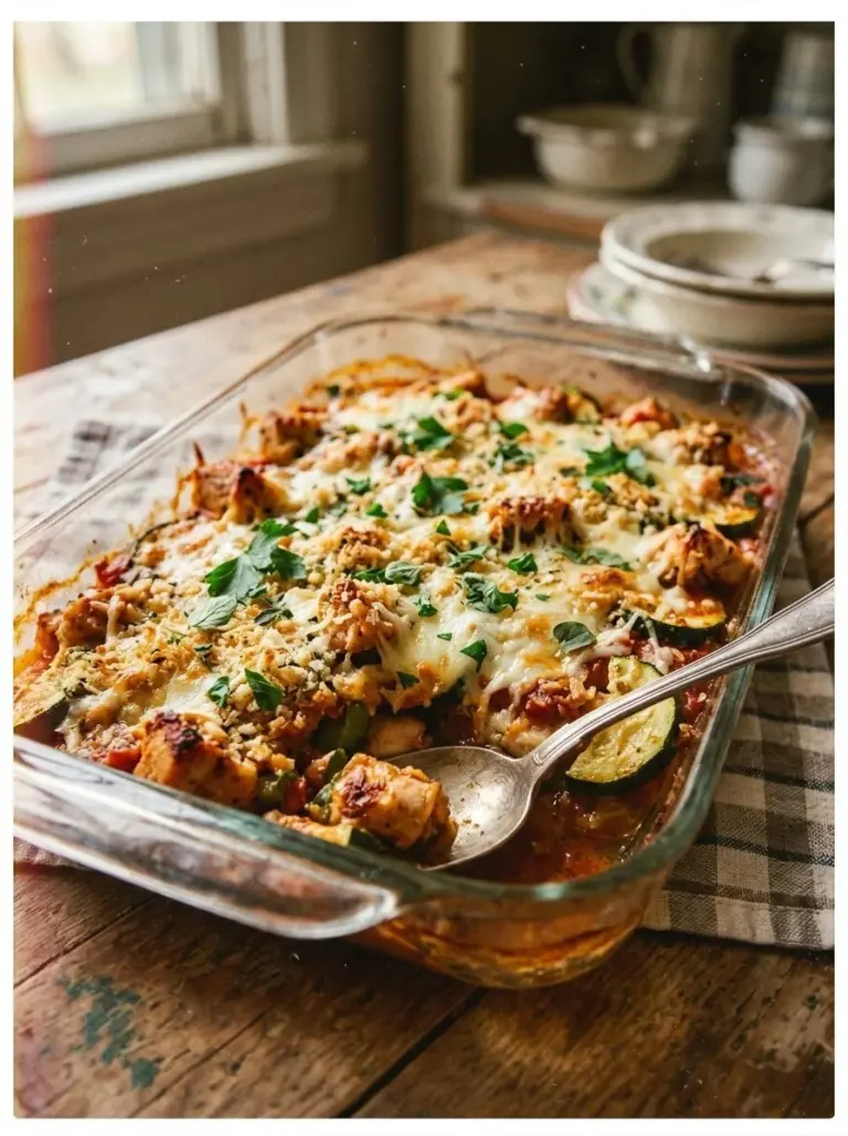 Delicious Chicken Zucchini Bake served hot with melted cheese on top.