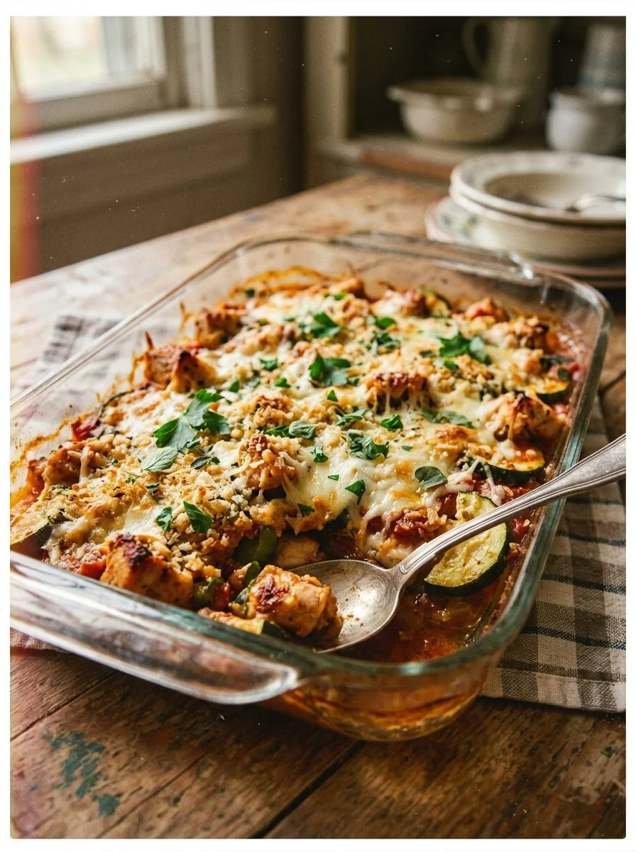 Delicious Chicken Zucchini Bake served hot with melted cheese on top.